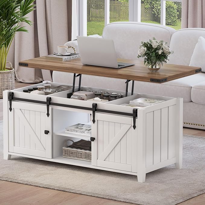 48" Farmhouse Lift Top Coffee Table with Storage, Sliding Barn Door, Large Hidden Compartment, Wooden Lifting Tabletop with Adjustable Shelf for Living Room, Office (White)
