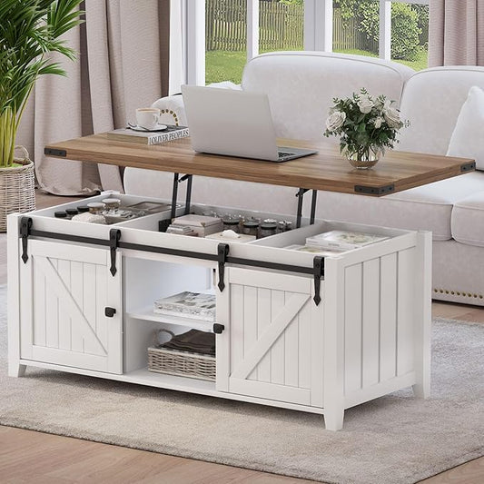 48" Farmhouse Lift Top Coffee Table with Storage, Sliding Barn Door, Large Hidden Compartment, Wooden Lifting Tabletop with Adjustable Shelf for Living Room, Office (White)