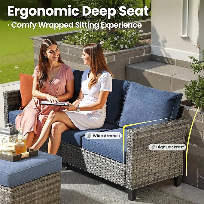 ovios Patio Furniture Set, 8 Pieces Outdoor Wicker Sofa Couch with Chairs, Ottomans and Comfy Cushions, All Weather High Back Rattan Conversation Set, Denim Blue