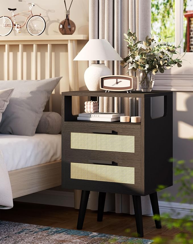 YMYNY Rattan Nightstand Set of 2, Boho Side Table with 2 Drawers, Open Shelf Unit with Arched Design, Solid Wood Legs, Storage Cabinet for Bedroom, Black UHST015B-2 - Image 2