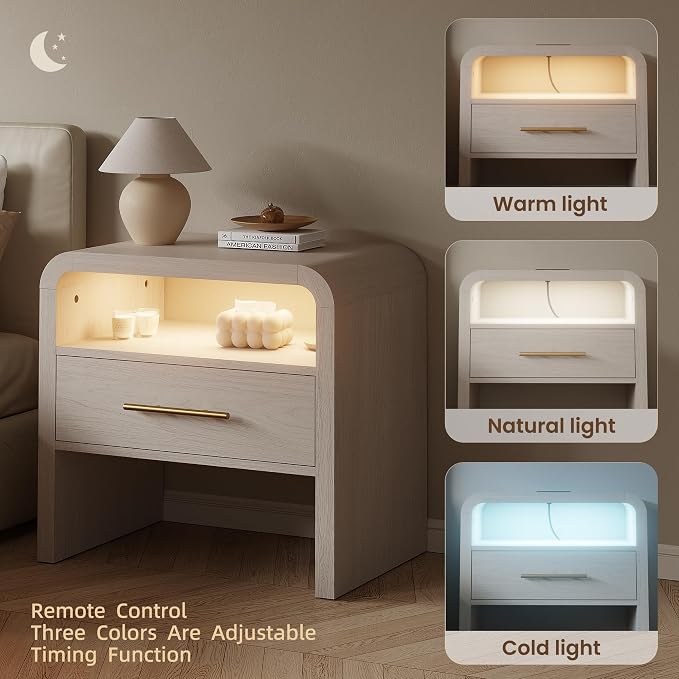 Fatmok Nightstand with Charging Station Set of 2, 24" Wooden Bedside Table with Drawer and Open Storage, Curved Profile Design End Table with 3-Color LED Light & Metal Handle for Bedroom(Cream White) - Image 6