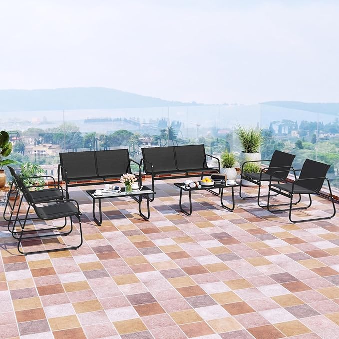 HAPPYGRILL 8 Pieces Patio Conversation Set, Fabric Lawn Chairs and Loveseat with Tempered Glass Coffee Table, Heavy Duty Metal Frame, Outdoor Furniture Set for Porch, Garden and Poolside