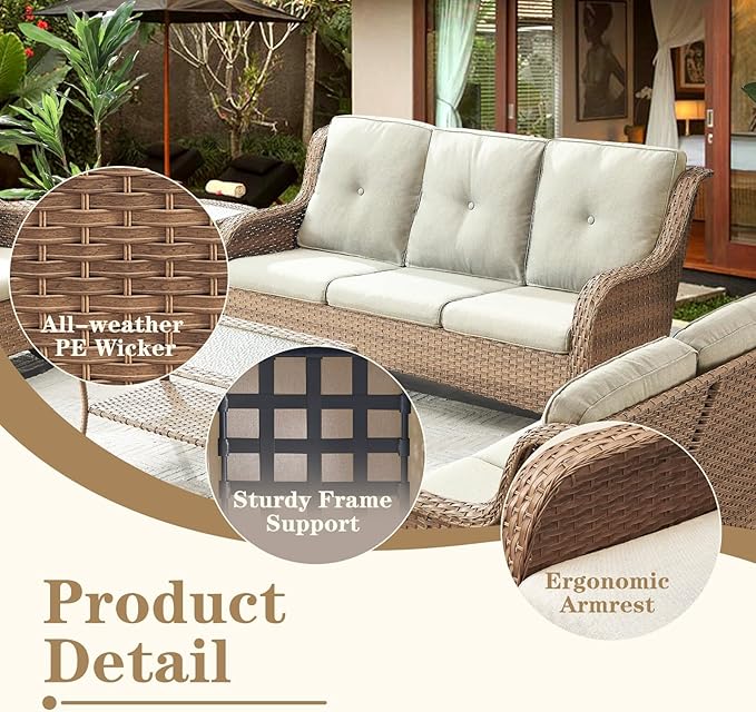 Wicker Patio Furniture Set: 8 Piece Outdoor Conversation Sets with 4 Swivel Rocker Chairs, Patio Couch, Rattan Ottomans and Coffee Table for Porch Balcony Garden, Yellow/Beige