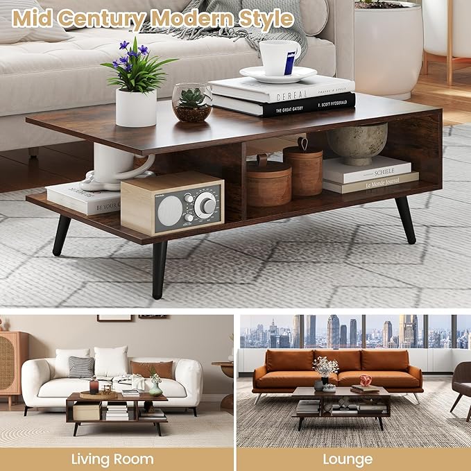 Giantex Coffee Table with Storage, Mid Century Modern Center Table for Living Room, Rectangle Tea Table with Open Storage Shelf & Floor-Anti-Scratching Tapered Metal Legs, Rustic Brown (Rustic Brown)