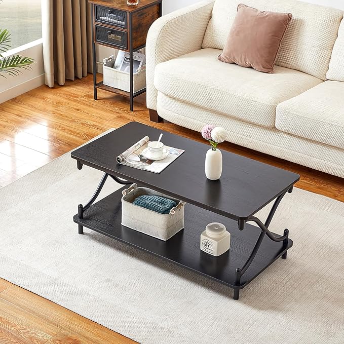 VECELO Coffee Table for Living Room with Round Corners Modern Farmhouse Center Table with Storage Shelf for Home Office 39 Inch, Easy Assembly, Classic Black