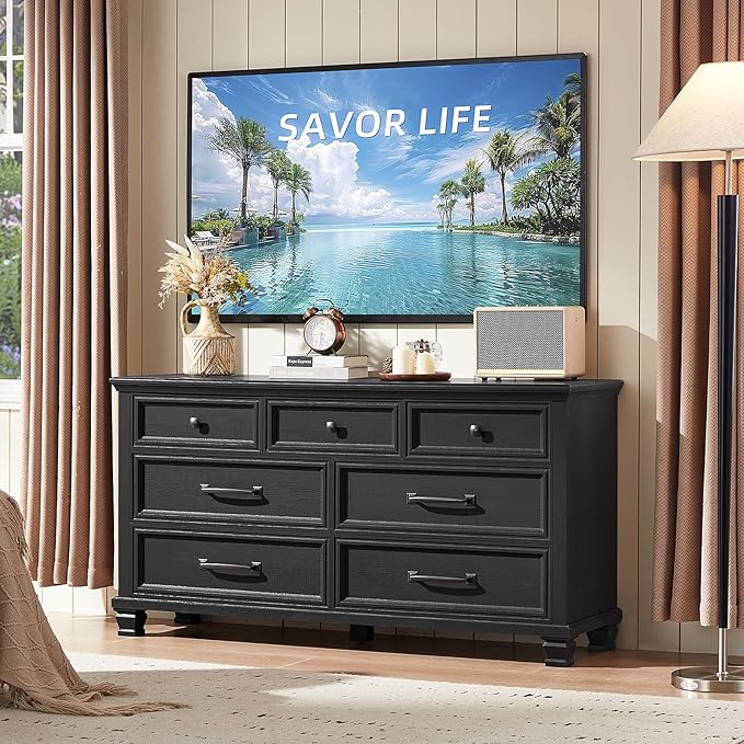 SAVOR LIFE Farmhouse Bedroom Dresser and Nightstand Set 3, 7 Drawer Dresser & 2 Drawer Nightstand Set, Rustic Wood Bedroom Furniture Set for Home, Hallway, Black