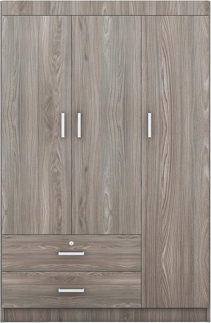 LZ LEISURE ZONE 3 Doors Wardrobe Armoire Closet, Large Freestanding Armoire Wardrobe Cabinet with 2 Drawers, Bedroom Clothes Storage Cabinet Organizer, Wood Grain Effect in Gray