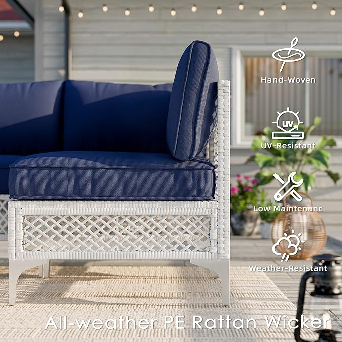 Vikiullf Patio Conversation Set, 7 Piece Outdoor Sectional Sofa Set with Coffee Table, White Wicker with Black Cushions (White and Blue, 7 piece)