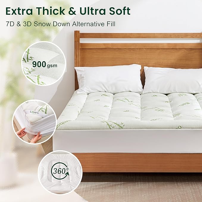 Love's cabin King Mattress Topper Viscose Derived from Bamboo, Thick Pillow Top Mattress Pad with Stretchable Pockets for 8"-20" Mattress, Breathable Cooling Mattress Topper for Hot Sleepers, Green