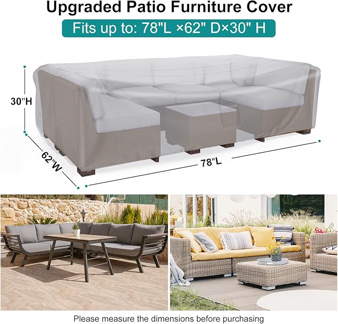 Patio Furniture Set Cover Waterproof, Heavy Duty Funiture Covers for Outdoor Sectional Sofa Set Wicker Rattan Table Chair Rectangular,78"L×62"W×30"H,Grey - Image 2