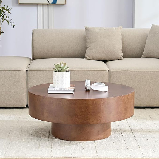 Round Coffee Table for Living Room,31.49" Faux Burl Wood Pattern Center Table with Sturdy Pedestal, Rustic Round Wood Coffee Table for Small Space Apartment Office,Easy Assembly (Walnut)