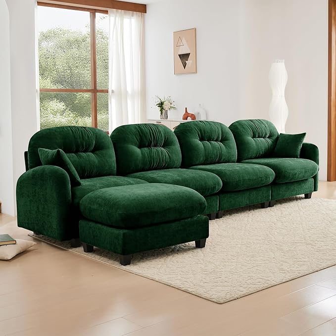 KEIKI 140" L-Shaped Oversized Chenille Modular Sectional Sofa with 1 Ottoman, High-Density Foam Cushions, Tufted Pleated Cushion Backrest, Modern 4-Seater Couch with 2 Pillow, for Living Room, Green