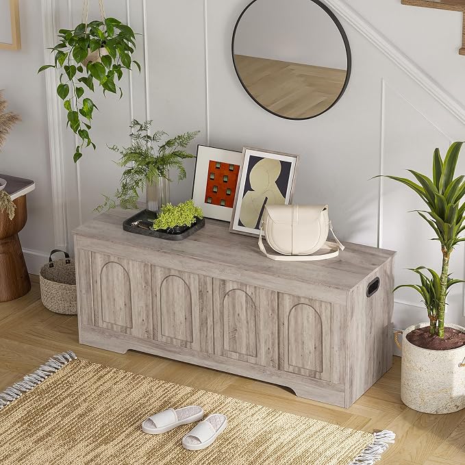 DINZI LVJ Storage Chest, 47.2" Rattan-Like Toy Box with 2 Safety Hinges, Wooden Entryway Storage Bench with Flip-Top, Large Trunk for Living Room, Bedroom, Easy Assembly, Greige - Image 6