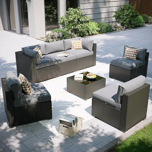 Aoxun Patio Furniture Set, 7 Piece Outdoor Sectional Sofas with Waterproof Cover, Wicker Rattan Outdoor Furniture Patio Conversation Set for Backyard, Garden Light Grey