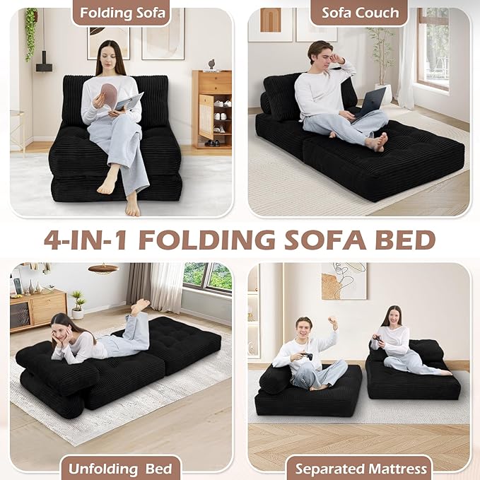 Folding Sofa Bed, Convertible Sleeper Chair with Pillow & Handle, Foldable Mattress Futon Chair Bed Lounge with Back Support, Comfy Floor Sofa for Living Room Bedroom, Black, Single