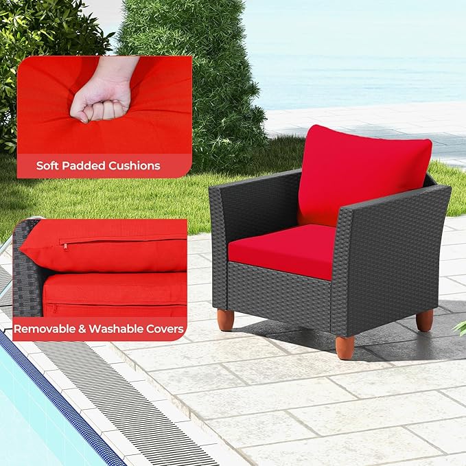 ORALNER 3 Pieces Patio Furniture Set, Outdoor Wicker Conversation Chairs with Cushion, Acacia Coffee Table, Rattan Bistro Set for Balcony Garden Backyard Front Porch Poolside (Red)