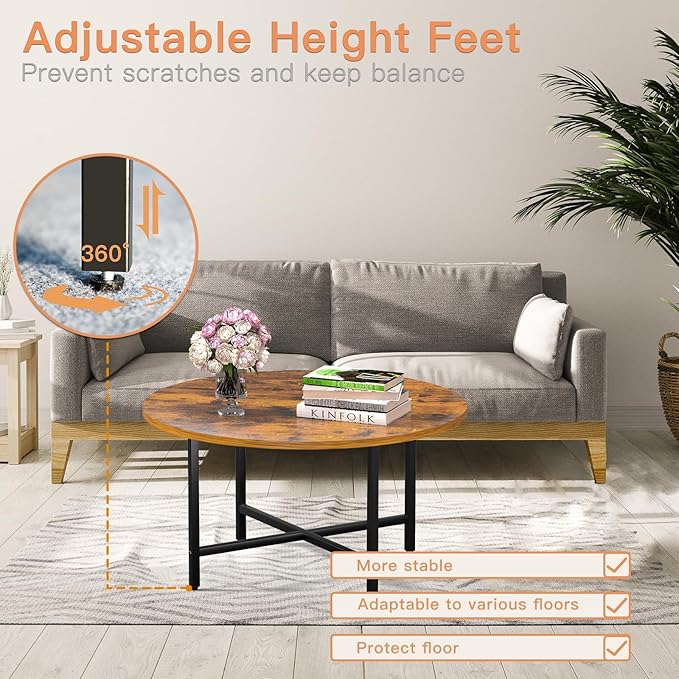 Round Coffee Table, 23.6" Small Coffee Tables for Living Room, Circle Coffee Table with Metal Frame, Floor Table Desk for Sitting on The Floor, Home, Office, Rustic Brown