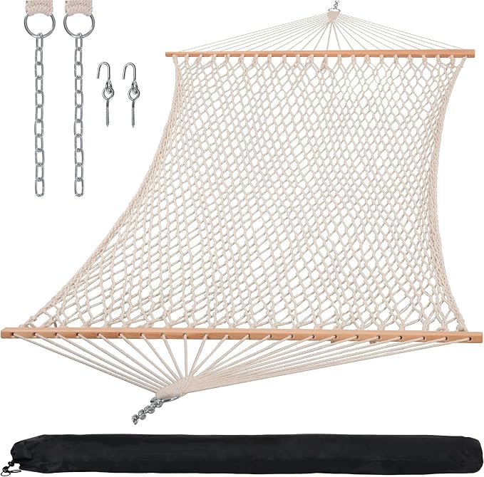 SUNCREAT Hammocks Traditional Rope Double Hammock with Hardwood Spreader Bar and Carrying Bag, 450 lbs Capacity, Natural by SUNCREAT