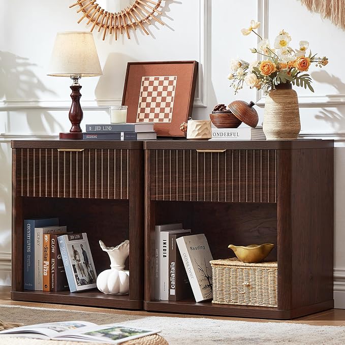 LEYAOYAO Fluted Farmhouse Nightstand Set of 2 with Charging Station, 23" Wide 1 Drawers Night Stand,Walnut Dresser for Bedroom,Bed Side Table Chest of Drawers,Wood End Table for Living Room by LEYAOYAO-Findtheshiningpointofyourideallife%EF%BC%81