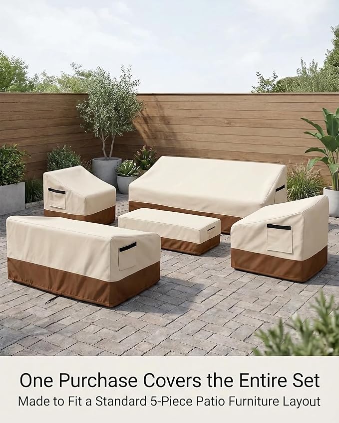5 Piece Patio Furniture Cover Set, Waterproof Outdoor Furniture Covers for 3-Seater Sofa, Loveseat, Chairs & Coffee Table, Heavy Duty 600D Lawn Patio Set Covers, UV-Resistant All-Season, Beige&Brown - Image 5