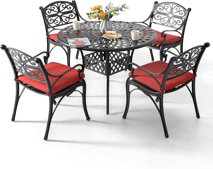 NUU GARDEN 5 Piece Outdoor Patio Dining Set, 42" Cast Aluminum, Round Patio Dining Table with 2.24" Umbrella Hole and Patio Dining Chairs with Cushions for Garden, Balcony, Bronze and Red by NUUGARDENCORPORATION