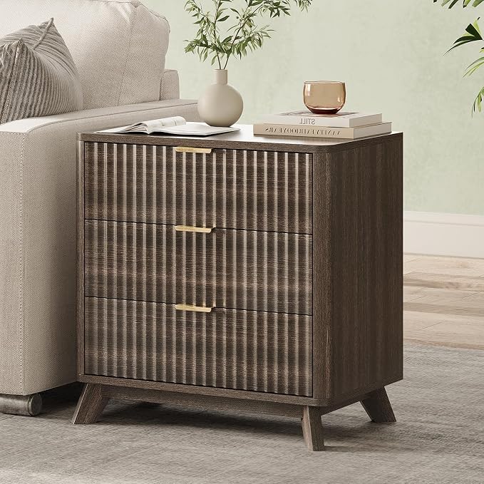 24" Tall Fluted Nightstand,3 Drawers End Table with Metal Handle,Modern Side Table with Storage,Night Stand Wood Bedside Tables for Bedroom,Curved Profile Design,Walnut by TROJMHome