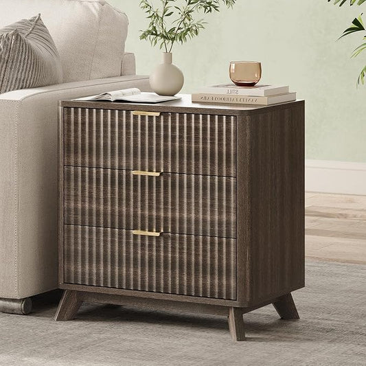 24" Tall Fluted Nightstand,3 Drawers End Table with Metal Handle,Modern Side Table with Storage,Night Stand Wood Bedside Tables for Bedroom,Curved Profile Design,Walnut by TROJMHome