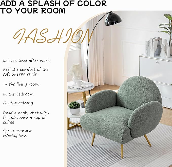 Accent Chair Green with Golden Metal Legs,Reading Chair for Bedroom Comfy, Boucle Sherpa Chair for Living Room, Bedroom