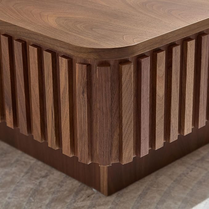 WILLIAMSPACE 35.43" Lift Top Coffee Table with Hidden Storage & Sturdy Base, Modern Luxury Square Wood Handcraft Drum Center Table Accent End Tea Table for Living Room, Minimalist Fluted Design-Walnut