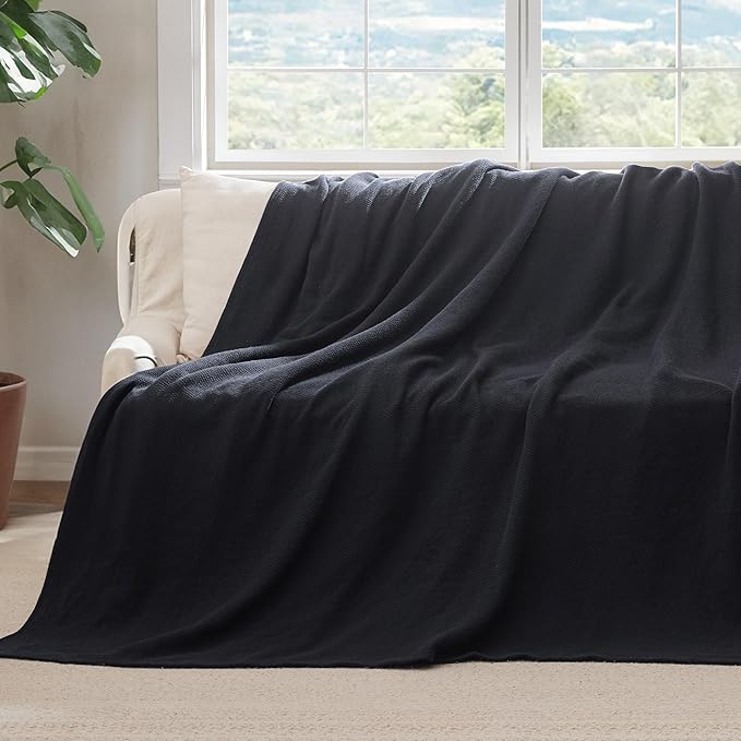 Bedsure GentleSoft 100% Cotton Large Throw Blanket for Couch 50x70 inches - Breathable and Lightweight, Soft Cozy Herringbone Woven Cotton Throw for Summer, Black Office Chair Blanket