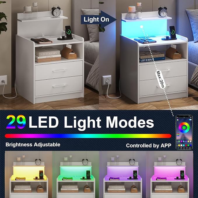 Nightstand Set of 2 with Charging Station and LED Lights, Bedside Table with 2 Drawers and Open Storage Shelf, 2 USB Ports and 2 AC Outlets, LED Night Stands for Bedroom Set of 2, White - Image 4