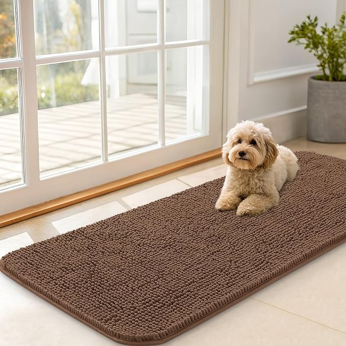 OLANLY Dog Door Mat for Muddy Paws 47x20, Absorbs Moisture and Dirt, Absorbent Non-Slip Washable Doormat, Quick Dry Chenille Mud Mat for Dogs, Entry Indoor Entryway Carpet for Inside Floor, Mocha by OLANLY
