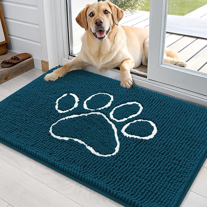 OLANLY Dog Door Mat for Muddy Paws 35x24, Paw Print Design, Absorbs Moisture and Dirt, Absorbent Non-Slip Washable Doormat, Quick Dry Chenille Mud Mat, Entry Indoor Entryway Carpet, Atlantic Blue by OLANLY