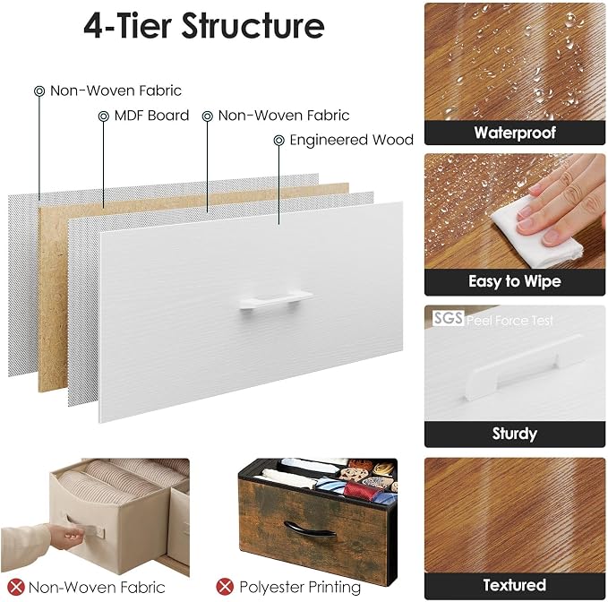 Memobarco Nightstand,Farmhouse Night stand with 3 Storage Drawer,Small Dresser for Bedroom,Chest of Drawers Fabric Dressers with Steel Frame,Wooden Top Front Bedside Table for Small Space,White+walnut - Image 6