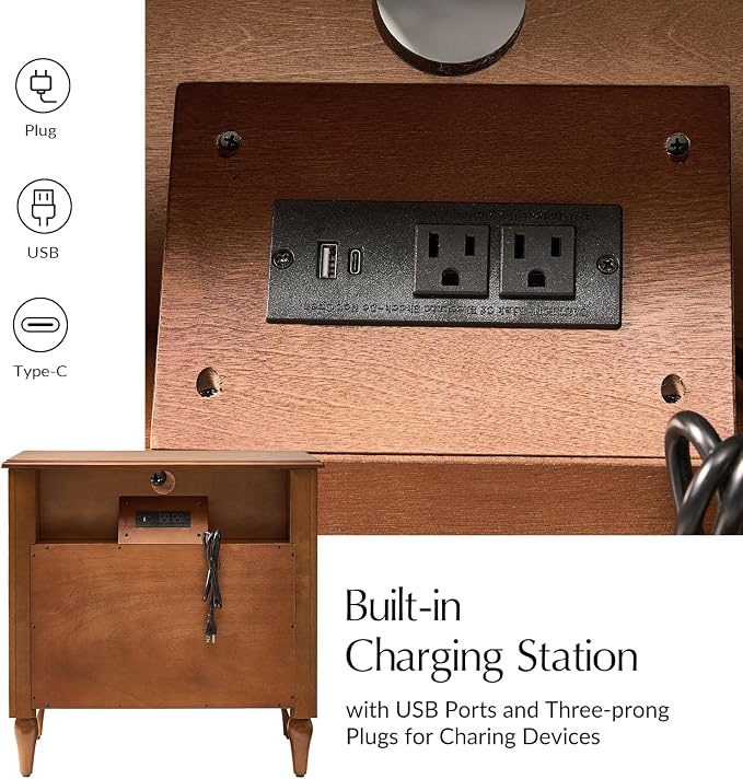 HULALA HOME Farmhouse Storage End Table Set of 2 with Spindle Columns, 2 Drawers and Open Shelf Side Table, Solid Wood Fluted Side Table with Charging Station, Brown - Image 5