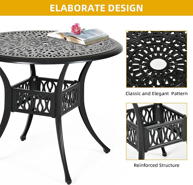 DWVO 35 Inch Outdoor Dining Table Cast Aluminum, Patio Round Bistro Table with Umbrella Hole for Backyard, Garden, Patio, Porch, Black - Image 7