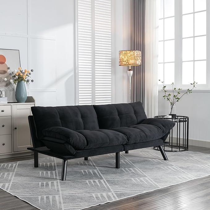 Ball & Cast 71" Futon Sofa Bed, Mordern Upholstered 2 Seater Couch with Adjustable Backrest,Folding Loveseat with Metal Legs for Living Room,Office,Black