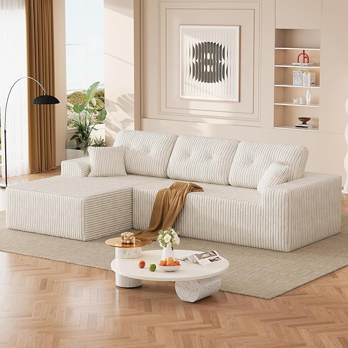 Ball & Cast 106" Boneless Sectional Sofa, Corduroy Modular L Shaped Couch with Deep Seat Chaise, Cloud Style Oversized Sectional Couch for Living Room, No Assembly, Left Facing, Beige
