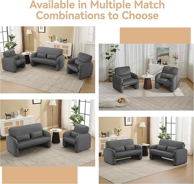 WUTUTUEE Corduroy Accent Living Room Sets, Modern Upholstered Love Seat with 2 Accent Chairs, Wide Comfy Leisure Chair Sets for Bedroom, Office, Grey