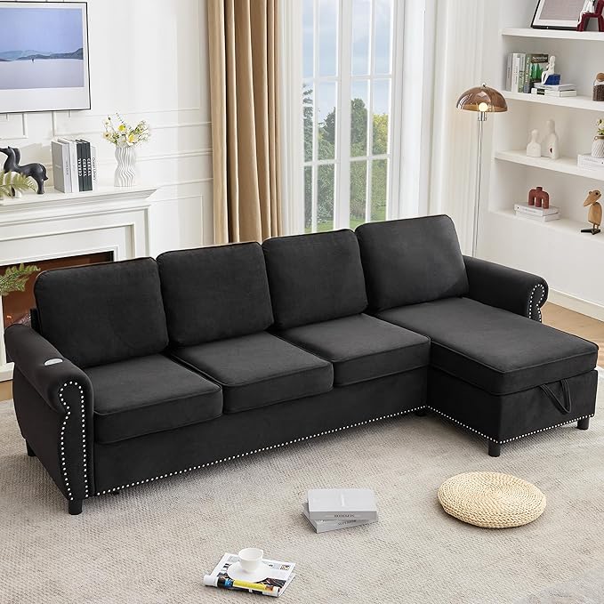 ERYE L-Shaped Reversible Sectional Sofa with Pull Out Queen Memory Mattress Sleeper Bed, 2-in-1 L-Shaped Corner Sectional Couches W/Wireless Charging, Storage Chaise Lounge