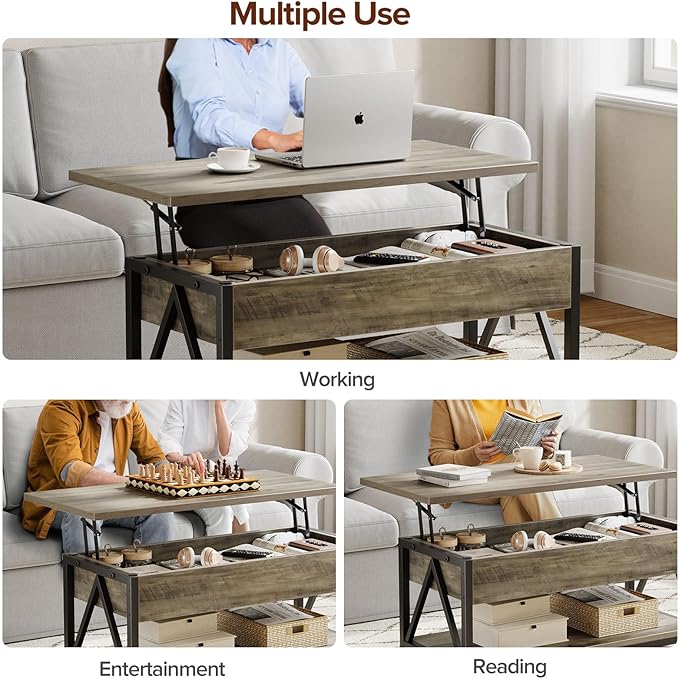 Lift Top Coffee Table,Lift Coffee Tables with Storage Shelf and Large Hidden Compartment for Living Room,Lift Tabletop Dining Center Table for Small Space, Grey