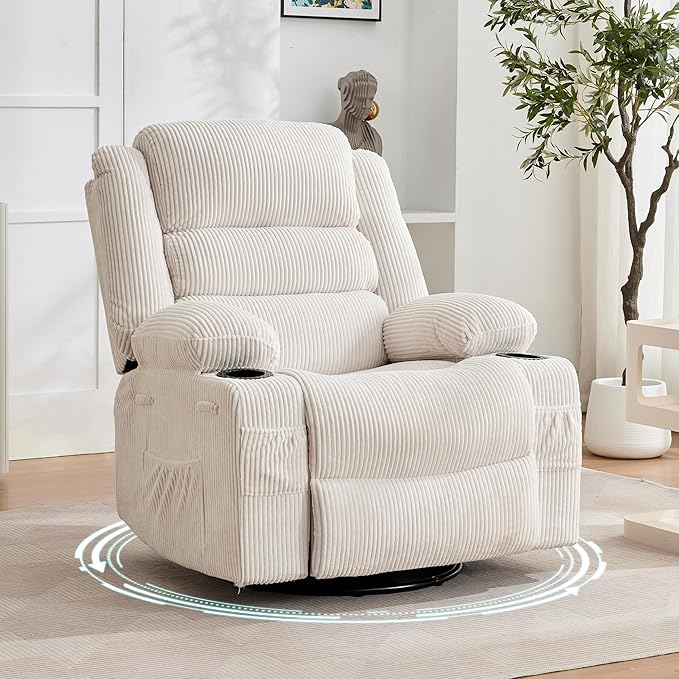 Rocking Recliner Chair for Adults Wide 360° Swivel Rocker Recliner with Cup Holder Nursery Glider with Upholstered Deep Seat Corduroy Lazy boy Chair for Living Room Beige