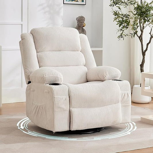 Rocking Recliner Chair for Adults Wide 360° Swivel Rocker Recliner with Cup Holder Nursery Glider with Upholstered Deep Seat Corduroy Lazy boy Chair for Living Room Beige