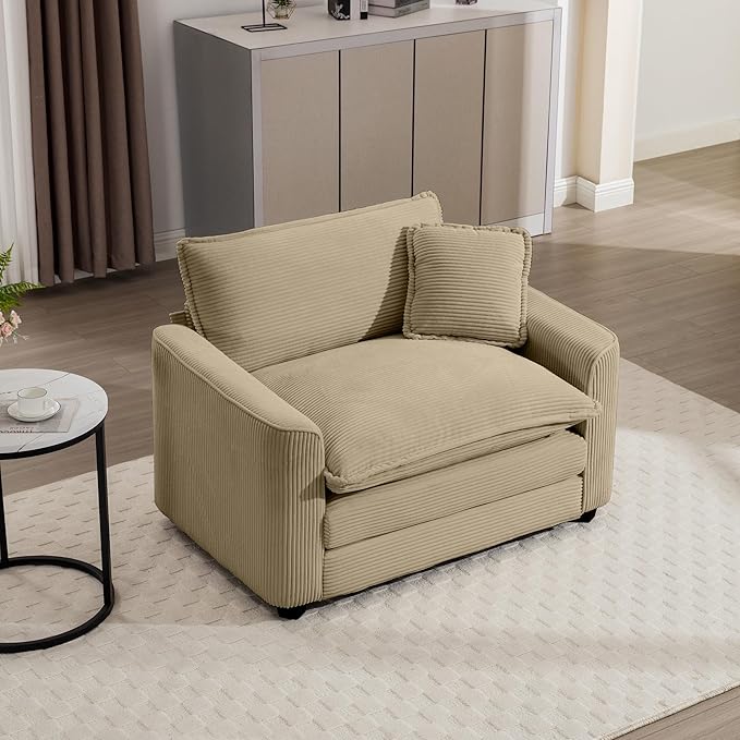 KEIKI 45" Oversized Corduroy Modular Sectional Single Sofa with High-Density Foam Cushions, Removable Armrests, Upholstered Modern 1-Seater Lounge Accent Chair with 1 Pillow, for Living Room, Tan