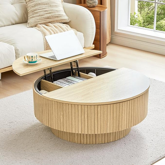 33" Round Coffee Table with Lift-Top & Flip-Top Storage, Modern Accent Fluted Coffee Tables with Metal Frame, Wooden Circle Center Table for Living Room Small Space Apartment Office (Natural)