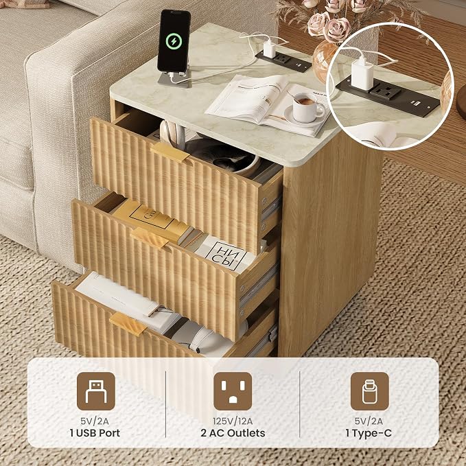24” Tall Nightstand - Fluted Night Stand with Charging Station & LED Light Faux Marble Top Bedside Table with Curved Profile Design for Bedroom/ 1 Drawer, Natural Wood - Image 5