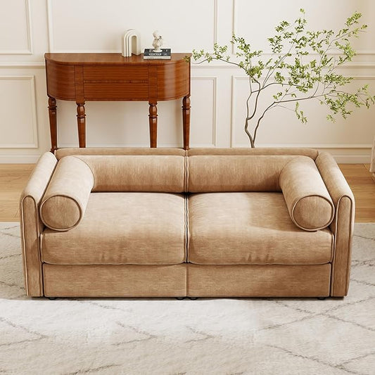 KEIKI 76" Oversized Modular Loveseat Chenille Sectional Sofa with Storage Seat, Modern Style 2-Seater Couch with Cylindrical Backrest and Armrests, Easy Assembly, for Apartment, Living Room, Camel