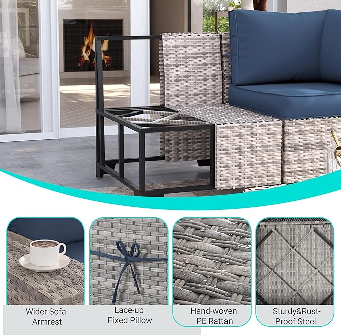 16-Piece Outdoor Patio Furniture Set with Rocking Swivel Chair, PE Wicker Rattan Sectional Sofa Patio Conversation Set with 55,000 BTU Fire Pit Table & Side Table, Navy Blue