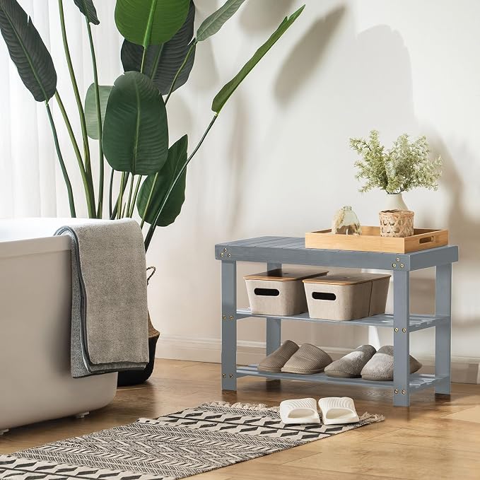 Apicizon Bamboo Shoe Storage Bench for Living Room, Entryway Storage Premium Shoe Organizer or Entryway Bench, Grey - Image 6