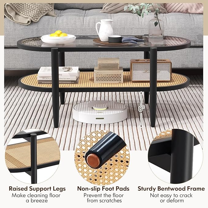 Moccha Boho Coffee Table, 2-Tier Center Table with Tempered Glass Tabletop & PE Rattan Storage Shelf, Mid Century Modern Tea Table, 40" L Oval Accent Table for Living Room, Office (Black)